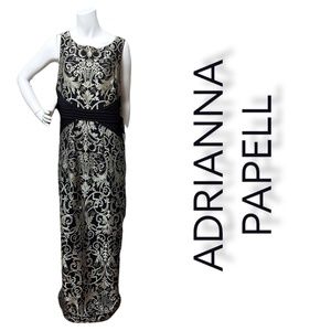 Adrianna Papell Black and Gold Embroidered Jersey Dress Size 14